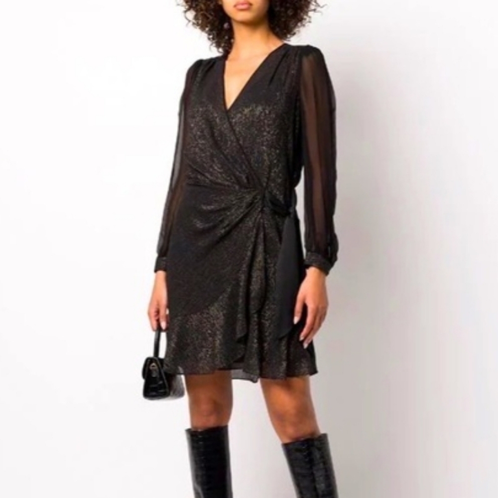Diane Von Furstenberg Clarice Black Metallic Wrap Dress 8 Long Sleeve Party
